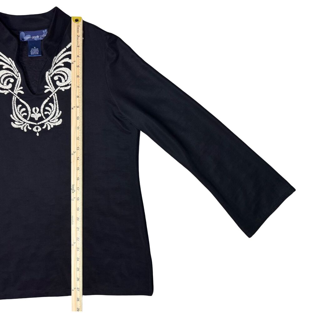 Susan Graver Blouse Womens Embellished Nylon Medium Black Boho Classic Goth USA - Picture 3 of 8